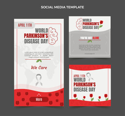 World Parkinson’s Disease Day. April 11, social media template set, vector graphics, red and gray with brain and tulip