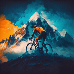 Ai illustration, thrilling mountain biking adventure in snowy mountains with skilled cyclist navigating rugged terrain, surrounded by nature. Perfect for extreme sports outdoor activity-themed designs