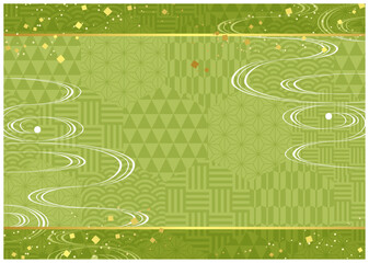 緑の雲と六角和柄背景ヨコ