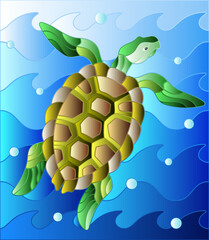 Illustration in stained glass style turtle into the waves and bubbles of air