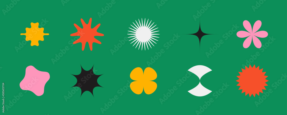 Poster primitive geometric shapes set. colorful abstract stars and flowers forms in swiss or bauhaus style.