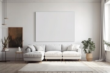 Blank white canvas inside of a living room for a wall art mockup illustration with Generative AI