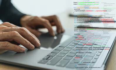 Software developer or programmer coding program with laptop. Create Intelligence innovation....