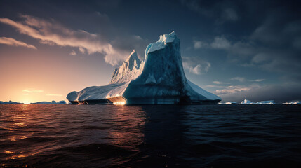 Iceberg in the ocean at sunset, Generative AI