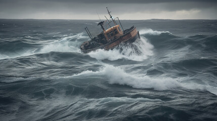 Fishing trawler in the stormy sea. Generative AI