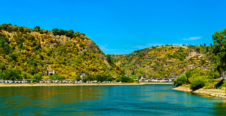 The Rhine river at the Lorelei rock in the Rhine Gorge. UNESCO world heritage in Germany