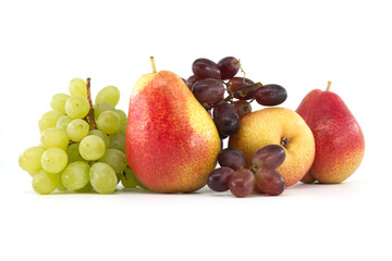 Multivitamin and juicy rich fruits over white background