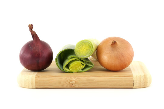 Sliced Leek Between Red And Yellow Onions