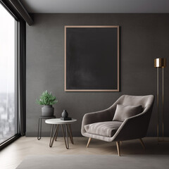 Mock-Up for Posters, Paintings, Photos - Modern Interior Living Room with Mock-Up Frame and Matte Black Canvas, Soft Furniture and Moody Lighting - Generative AI