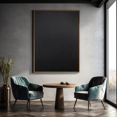 Mock-Up for Posters, Paintings, Photos - Modern Interior Living Room with Mock-Up Frame and Matte Black Canvas, Soft Furniture and Moody Lighting - Generative AI