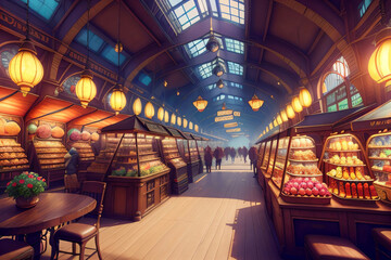 Matte Painting Long Fruit Vegetable Market with Table Chair Medieval Generative AI Illustration