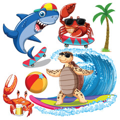Set of sea creatures cartoon character in summer