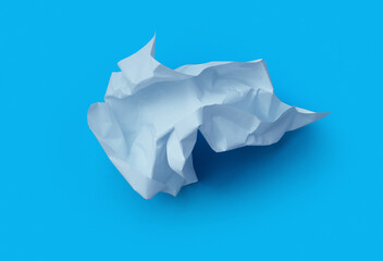 Crumpled paper  isolated on blue background .