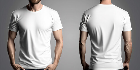 Photo realistic male white t-shirts with copy space, front and back view. Created with Generative AI Technology