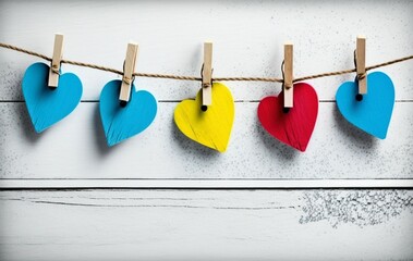 Red, blue, and yellow hearts on rope with clothespins, on a white wooden background. Place for text, copy space Generative AI