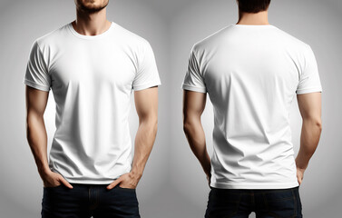 Photo realistic male white t-shirts with copy space, front and back view. Created with Generative AI Technology - obrazy, fototapety, plakaty
