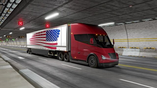 Red Electric Semi-Trailer Truck with usa flag driving through a tunnel 3D-render