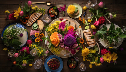 Top view of table prepared with traditional food to celebrate Passover
