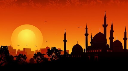 Mosque Orange Light Background - Generative AI