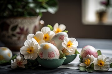 Obraz na płótnie Canvas dozen eggs arranged in a circular pattern on a wooden table. Generative AI