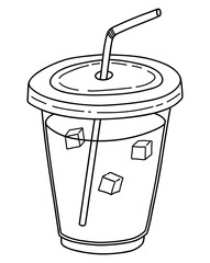 Hand drawn Black Outline Iced Coffee Cup with Straw in To-Go Cup Isolated on White Background