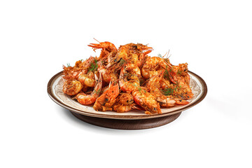 A plate of fried shrimps with spices isolated on white background. Created with Generative AI Technology