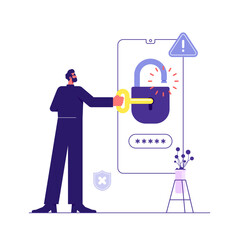 Obraz na płótnie Canvas Thief hacking personal data in mobile vector flat illustration. Man stealing information, password, and login information. Cyber security, internet virus, cyber crime concept