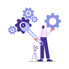 Technical support and repair. Businessman uses wrench repair big gears, support staff with tools. System or business setup. Client service. Vector illustration