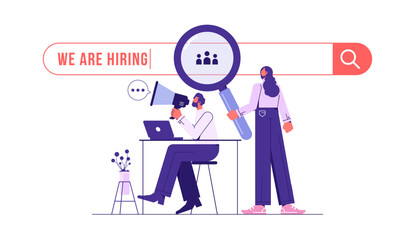 Man with loudspeaker and woman with magnifying glass to choose job interview people, we are hiring, job vacancy or headhunting concept