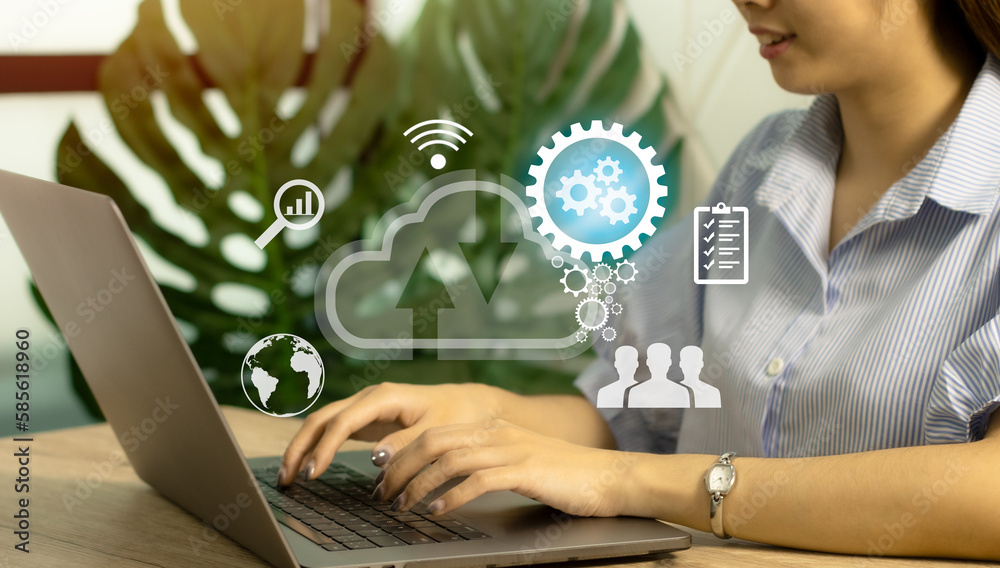 Poster cloud computing technology and online data storage for business network concept. businesswoman using