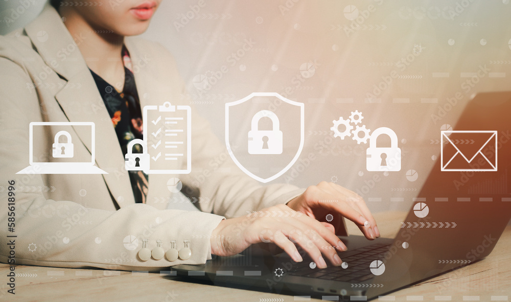 Poster Cyber security network. Data protection concept. Businesswoman using laptop with digital padlock on internet technology networking with cloud computing and data management