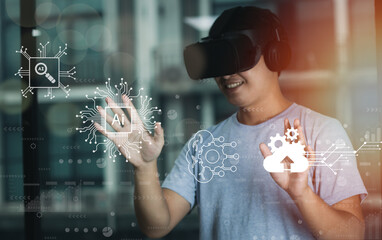 Virtual reality, businessman with vr headset, globalization or future business innovation. Knowledge metaverse, icons overlay, AI artificial intelligence technology.