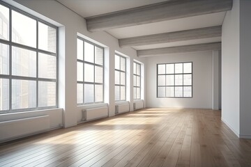 an empty room with large windows and wooden floors. Generative AI