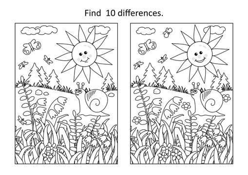 Difference game with sun, snail, butterflies and wildflowers. Spring or summer. Black and white.
