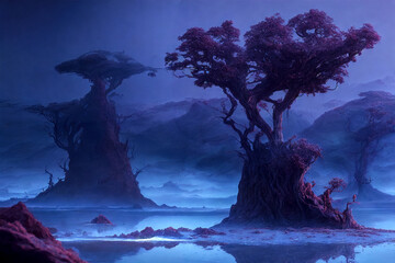 Naklejka premium Surreal landscape of the sea and trees. Generative AI.