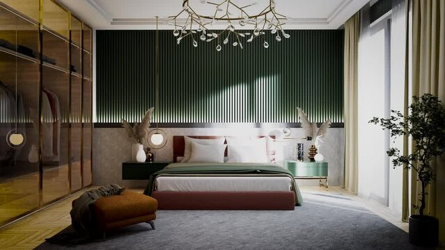 3D rendering animation looped. modern and minimal bed room aniamtion, presenting same interior in different color with changing decors and finishing materials. 