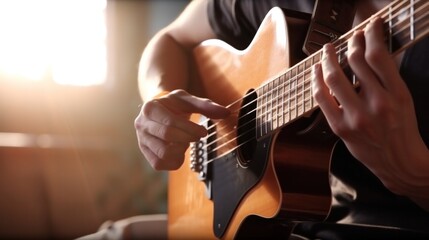 Close up of man hand playing guitar. Generative AI.