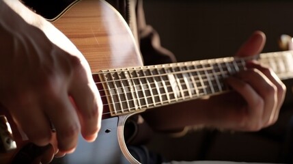 Close up of man hand playing guitar. Generative AI.