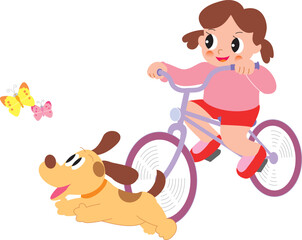 自転車に乗る女の子と犬と蝶
