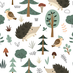 Cute seamless pattern with hedgehog, mushrooms and trees. Hand drawn vector illustration.