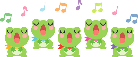 色違いのスカーフを付けて歌を歌う（合唱）かわいいカエルたち