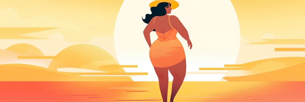 BBW beautiful body positive woman of color, enjoying a vacation on the beach (generative ai)