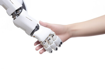a person handshake with robot hand, artificial intelligence digital transformation isolated on white background. Created with Generative AI Technology