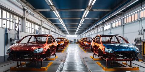 Naklejka premium Production line of automobile plant, painting shop Generative AI