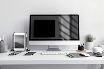 workspace with mock up computer and office supplies gadget. Blank screen and copy space	