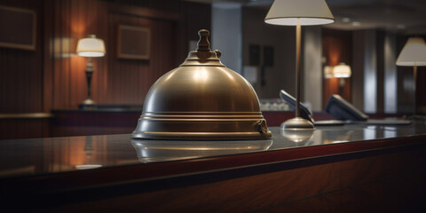 hotel Reception counter desk with bell. close up Generative AI
