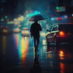 Rain, awesome,color umbrella car evening dark cityscape walking man parking laser light blurred Generative AI
