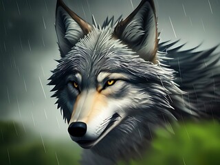 wolf portrait in the rain. generative ai