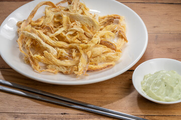 Dried Pollack fish, Pollack dried and shredded Ingredients used in Korean food. Dried fish.