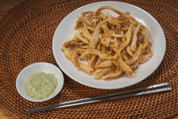 Dried Pollack fish, Pollack dried and shredded Ingredients used in Korean food. Dried fish.